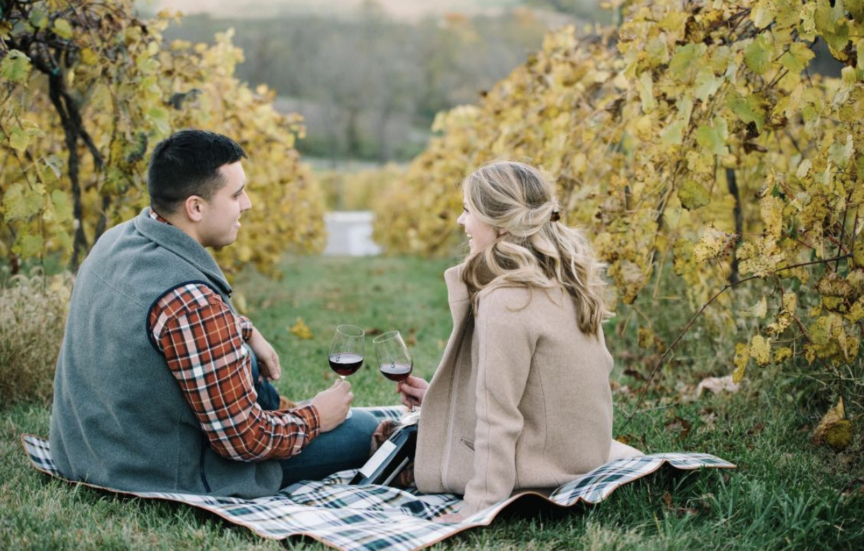 The Cottages at Bluemont Vineyard offer wine packages to add on to stays as shown by this couple sitting in the vines toasting to the the amazing vineyard view in northern Virginia.