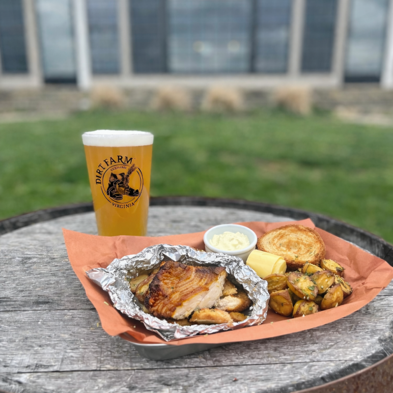 Fireside fish Friday plate displayed with a dirt farm beer in Loudoun county Virginia during lent