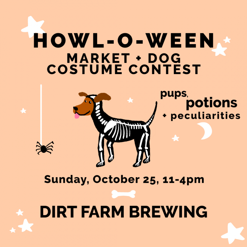 Flyer for howl-o-ween on the mountain at dirt farm brewing dog costume contest and market in Loudoun County virginia