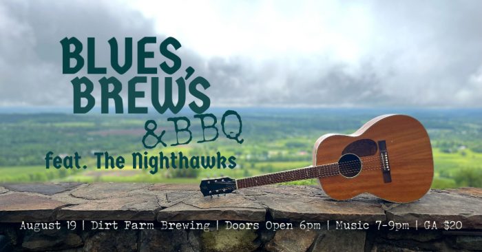 Blues, Brews & BBQ Flyer. Guitar on with view of loudoun county at dirt farm brewing