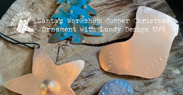 Santa's Workshop flyer with copper ornaments on table dirt farm brewing loudoun county