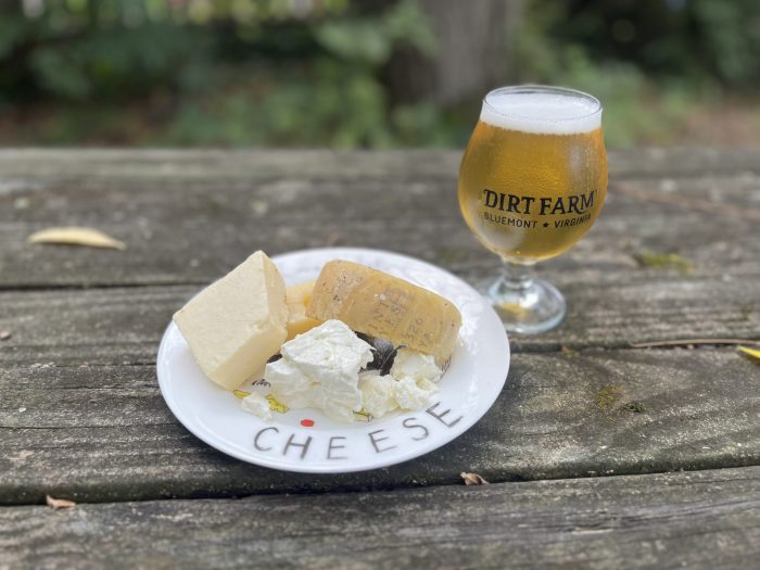 Cheese plate and Dirt farm brewing beer displayed for a loudoun county brewery gettin' cheesy on the mountain event