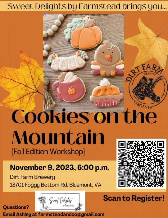 Flyer for Cookies on the Mountain, sugar cookie decorating, at dirt farm brewing, loudoun county brewery