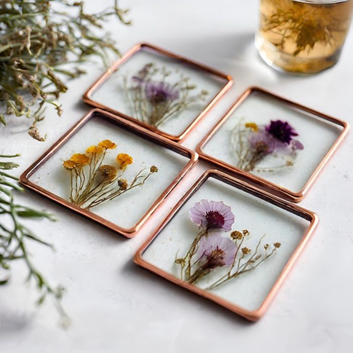 Pressed flower glass coaster workshop result at dirt farm brewing in loudoun county