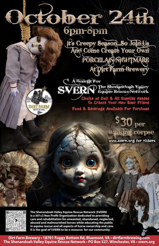 create-your-own Creepy Doll workshop at Dirt farm Brewing flyer benefiting SVERN