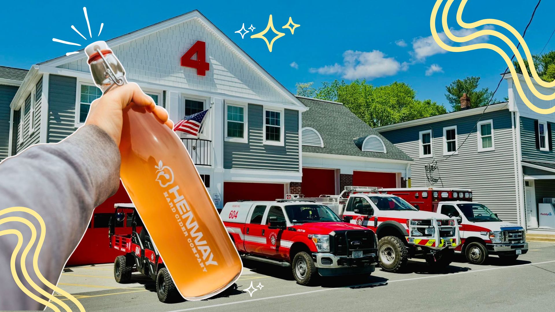 First responders days main image. A hand holding a bottle of Henway cider over an image of a fire and rescue station with emergency vehicle parked in front of the building.