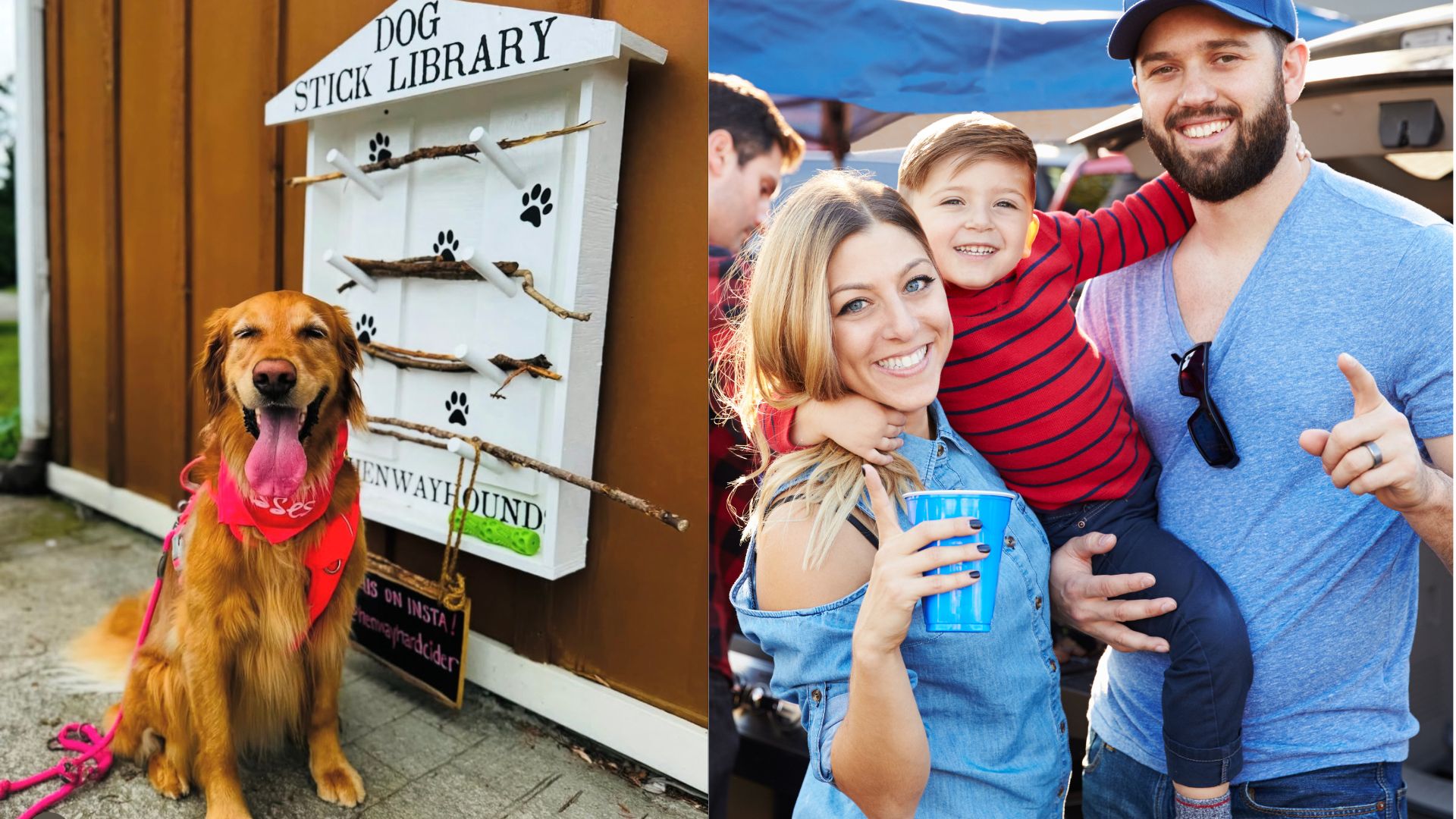 Henway Tailgate Paw-ty main image. one side of dog sitting in front of stick library, other side is a couple holding their child
