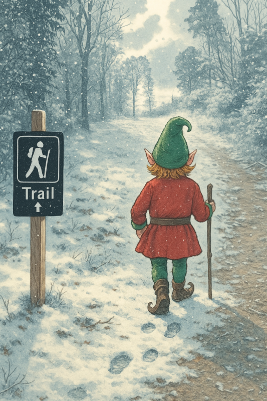 cartoon of an elf walking on the trails at dirt farm brewing for their black Friday Hike in Loudoun county