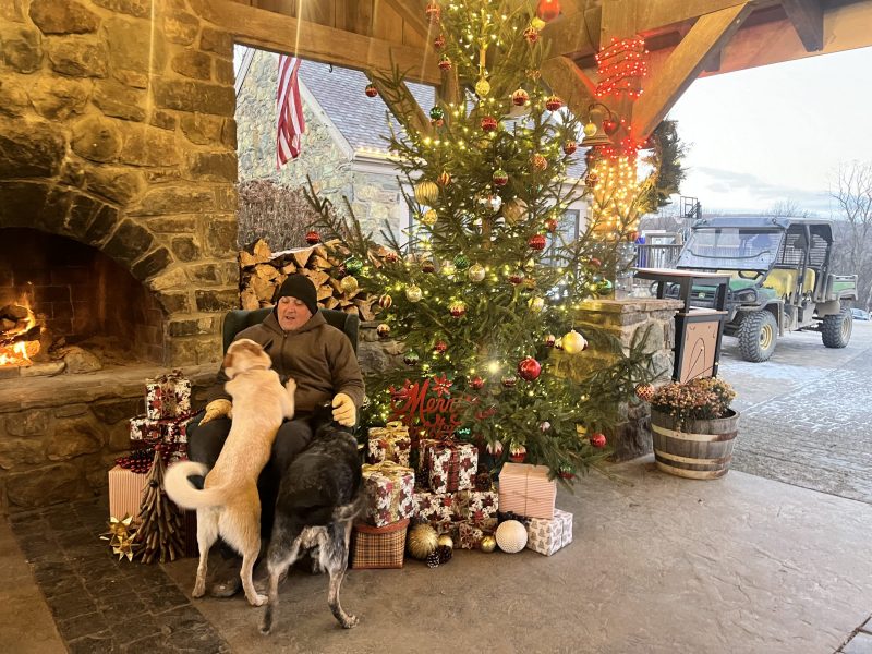 Owner, Bruce Zurschmeide sitting under the Christmas tree with his dogs at winter wonderland at dirt farm brewing in bluemont virginia
