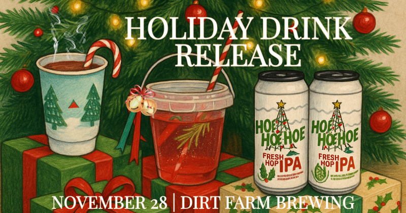 holiday drink release image with drink specials under a Christmas tree at dirt farm brewing Loudoun county virginia