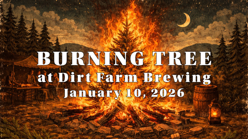 a Christmas tree sits in the middle of a bonfire for a flyer promoting dirt farm brewings burning tree event in loudoun county virginia