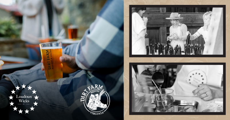 Flyer for a candle Making workshop at dirt farm brewing with Loudoun wicks. photos of beer and candle supplies