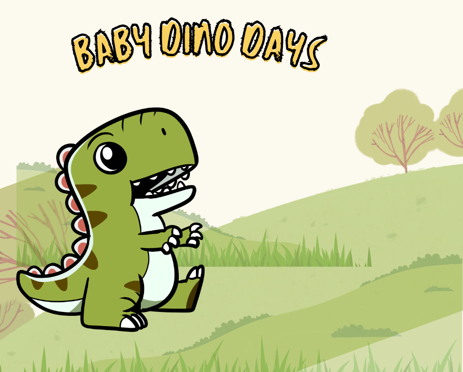 Baby Dino Days main image. animated baby t-rex walking across grass background