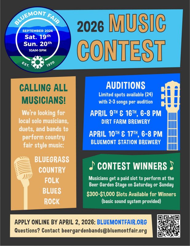 2026 Bluemont Fair Music Contest Flyer at Dirt Farm Brewing in Loudoun County, Virginia
