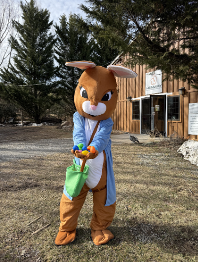 Breakfast with the Easter Bunny Image. The easter bunny is standing outside the Henway Hard Cider Tasting room with his hands stretched out full of Easter eggs