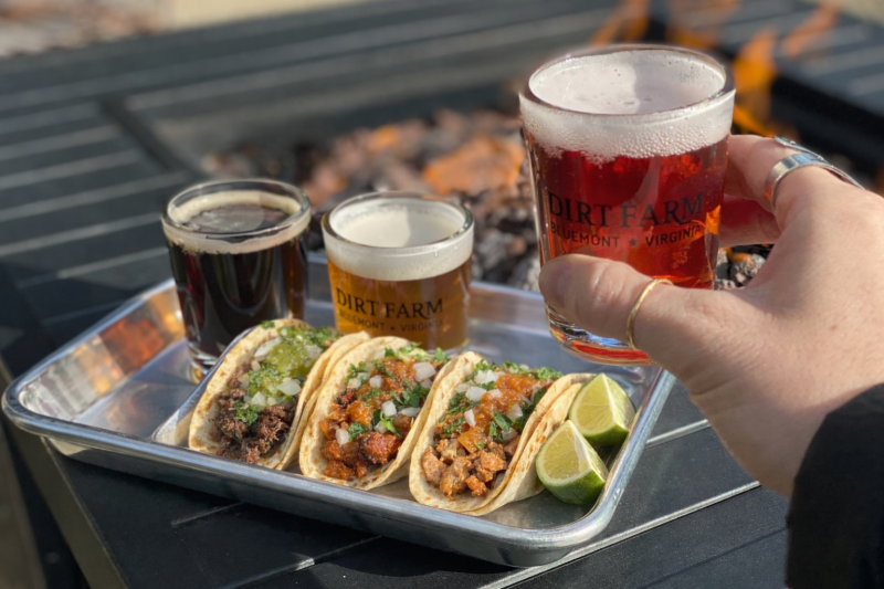 Taco and beer pairing flight at dirt farm brewing, three short beers with three street tacos