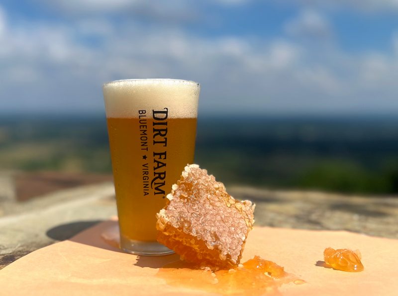 Honey helles beer release, beer sitting at dirt farm brewing with a honeycomb in Loudoun county virginia