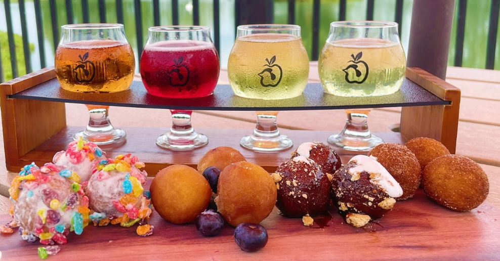 Four varieties of donut holes and craft cider at Henway Hard Cider Barn Donut Hole pairing.