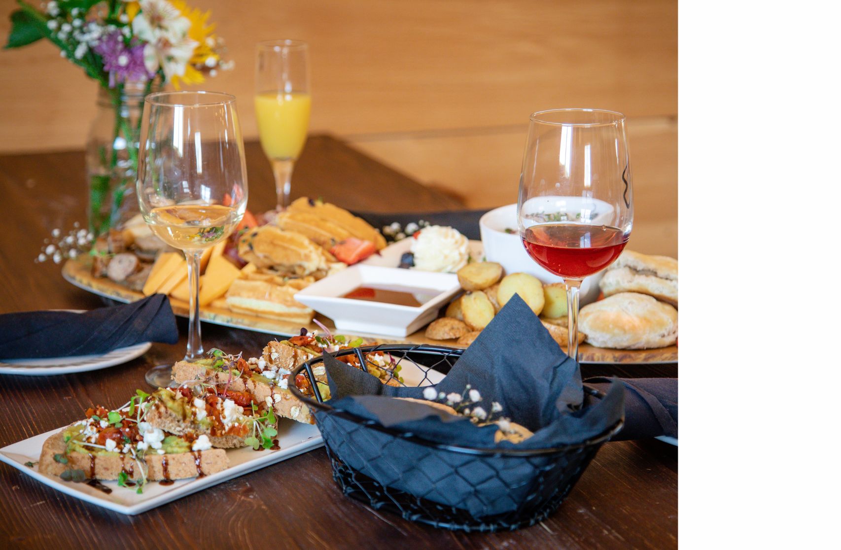 Food and Beverage display at the sunflower brunch at the Bluemont Vineyard Stable.
