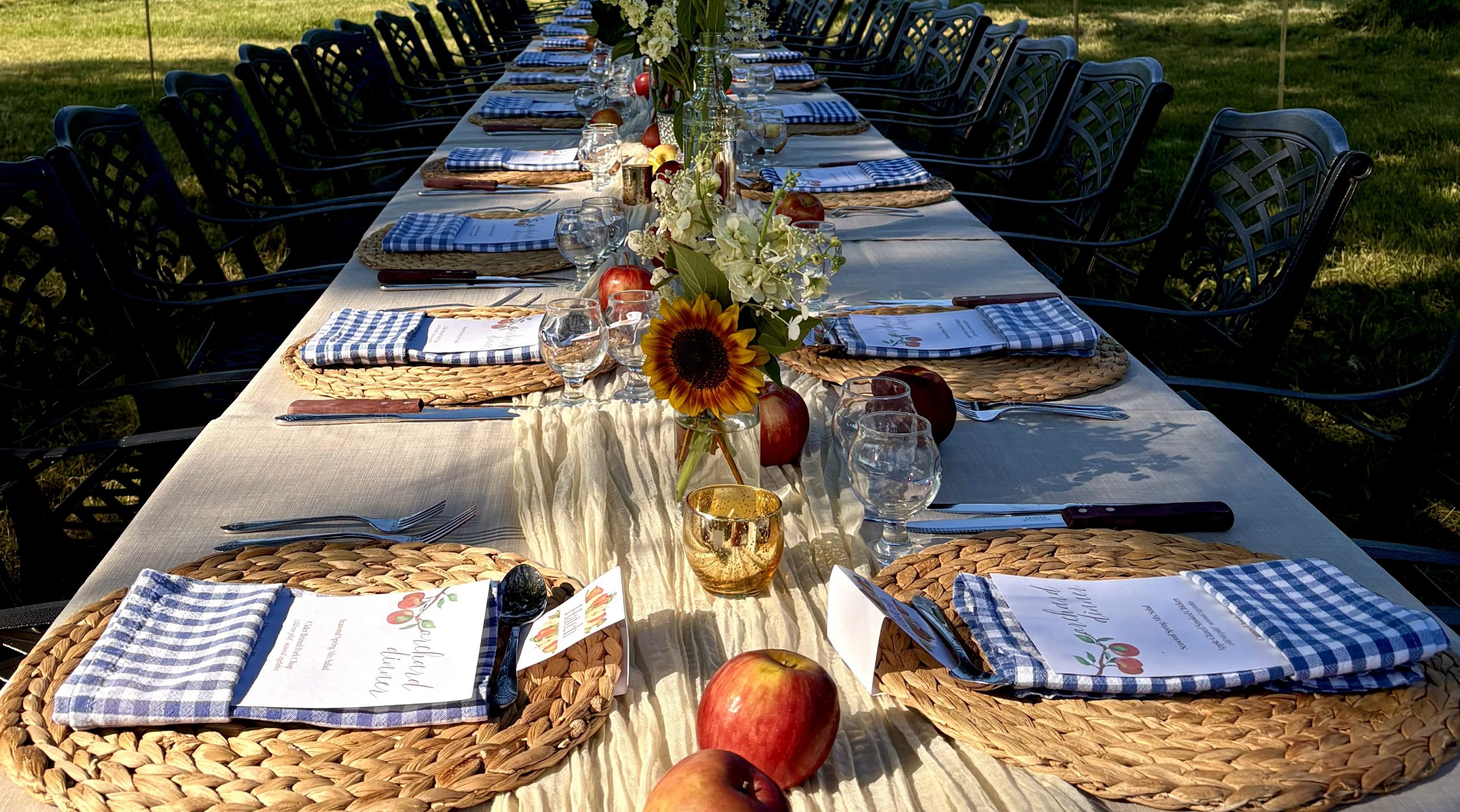 Orchard cider dinner table setting in the great country farms apple orchard