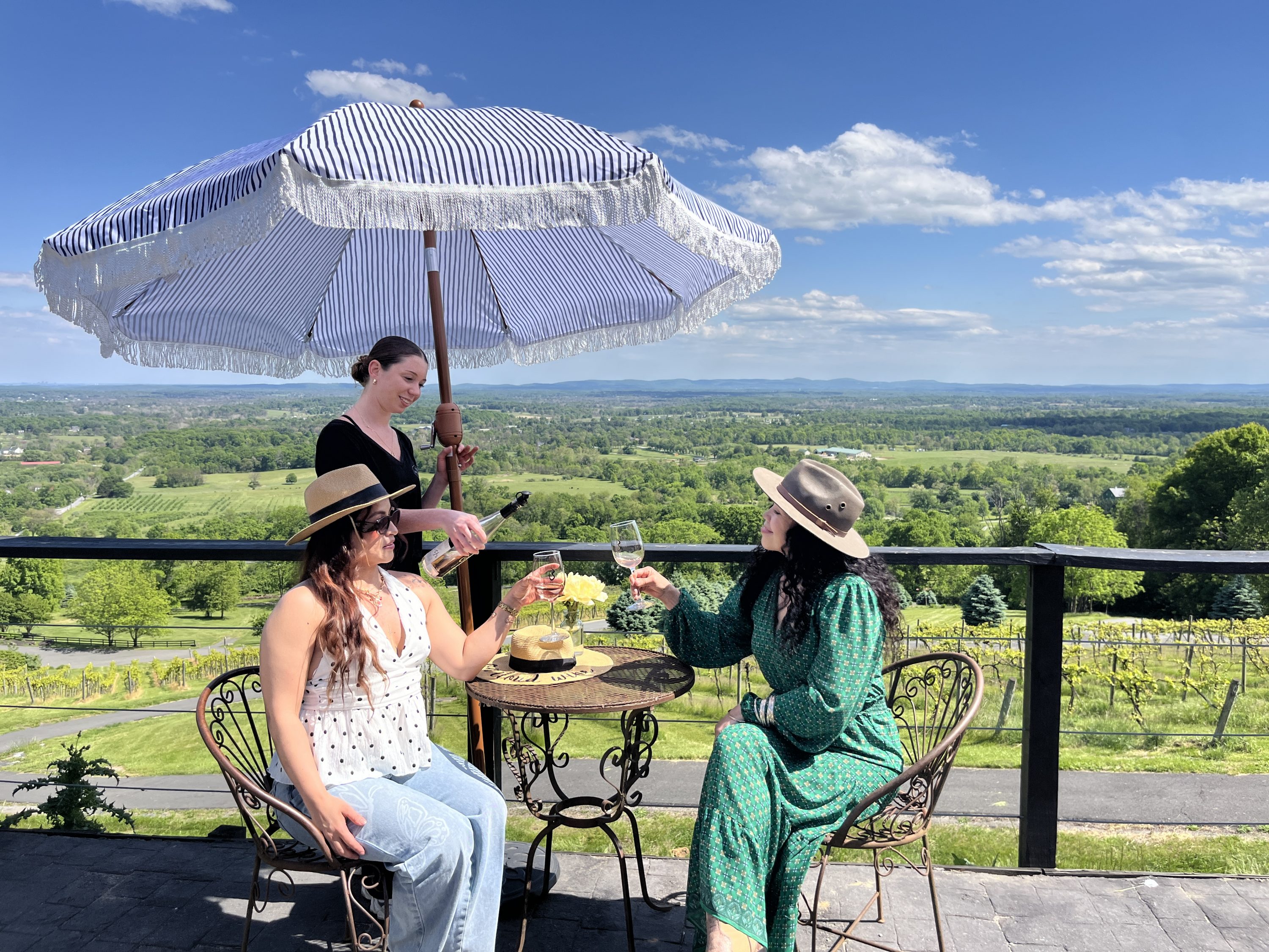 Guided tasting terrace at Bluemont Vineyard. Two women in dresses and sunhats cheersing wine glasses
