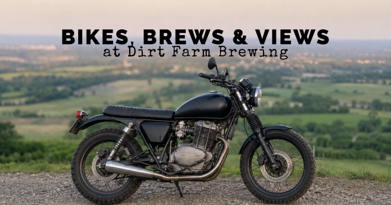 Motorcycle parked at Dirt Farm Brewing with the view of Loudoun county for their bikes, brews & views event