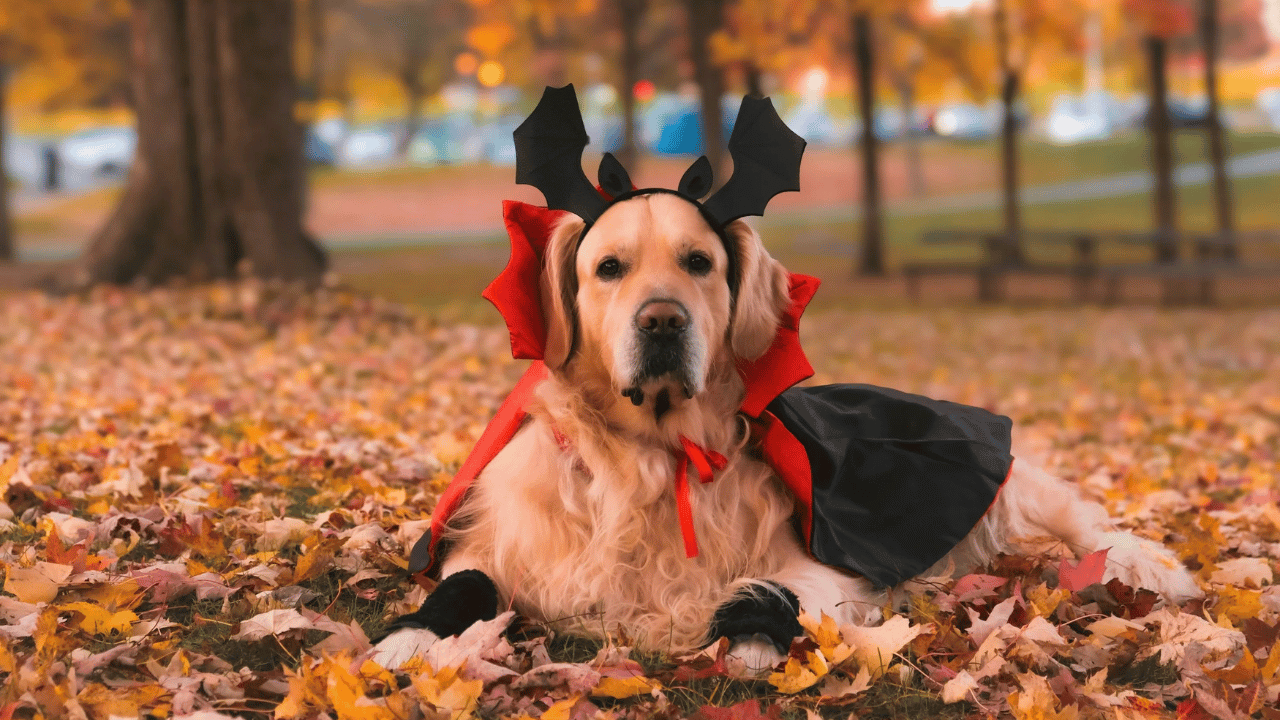 Halloween Pup Dressed in cape and bat headband